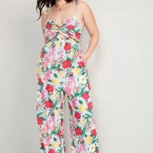 Old Navy Tie Shoulder Twist Front Smocked Jumpsuit Linen Blend Wide Leg NWT